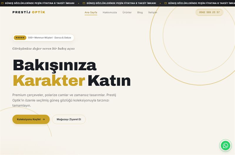 Prestij Optik web sitesinin ana sayfası